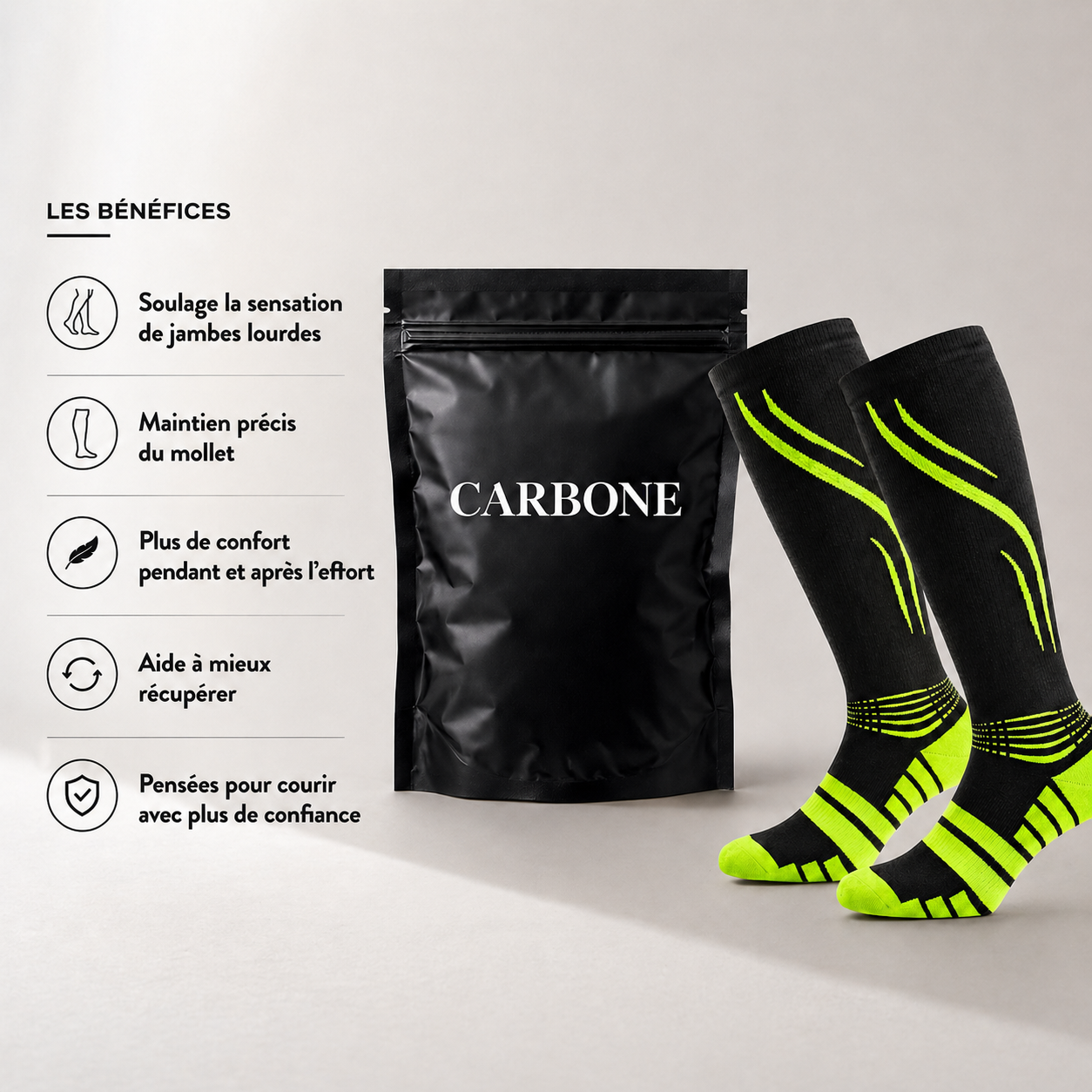 Chaussettes de compression running CARBONE — maintien & récupération